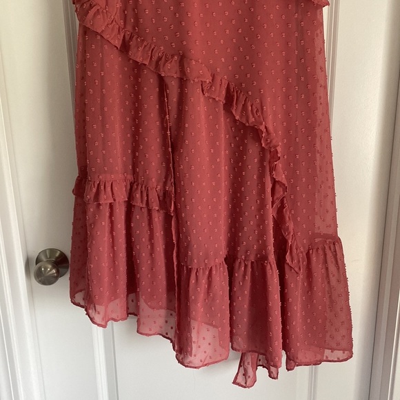 Next to You Rusty Rose Swiss Dot Ruffled Midi Dress - Picture 6 of 13